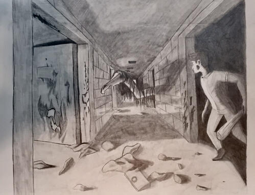A Horror scene using a monster design by Trevor Hendorson (@SlimySwampGhost on twitter) with permission.